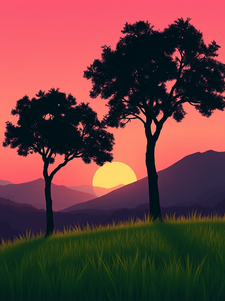 generate a high-resolution digital illustration of two trees silhouetted against a pink sunset sky, with a soft focus on the background mountains and lush green grass in the foreground; set camera settings to ISO 100, aperture f/8, shutter speed 1/125s, using a DSLR camera in landscape mode to capture vibrant colors and sharp details.