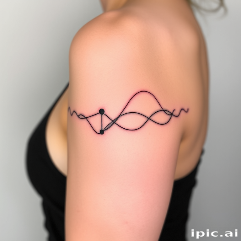 Elegant continuous line tattoo named "Fluid Form" composed of a single unbroken line that flows across the skin creating recognizable shapes and figures with minimal detail negative space plays a crucial role in defining the composition resulting in a deceptively simple yet visually captivating design