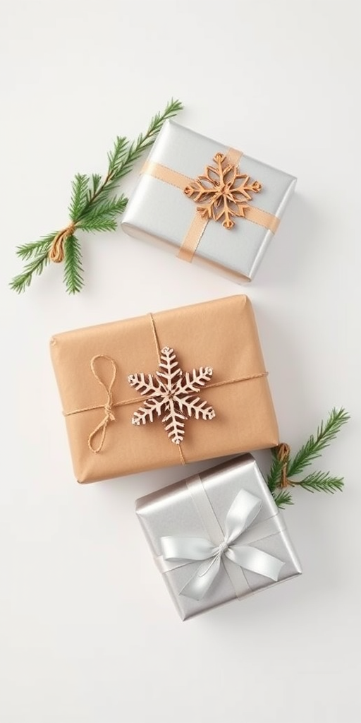 Create an image of two beautifully wrapped gift boxes, one in brown paper and the other in silver, adorned with wooden snowflake decorations and green sprigs on a clean white background, shot with a Canon EOS R5 at f/2.8, 1/200s, ISO 100, top-down view, soft natural light.