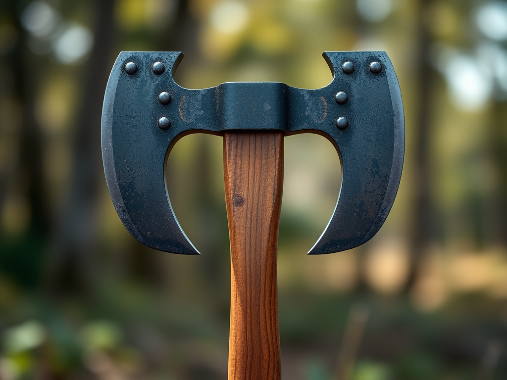 Create a high-resolution image of a double-headed axe, centered in the frame, with a soft focus background, using a Canon EOS R5 camera with a 50mm f/1.2 lens, ISO 100, aperture f/2.8, and a shutter speed of 1/200 seconds, in natural lighting to enhance details and textures.