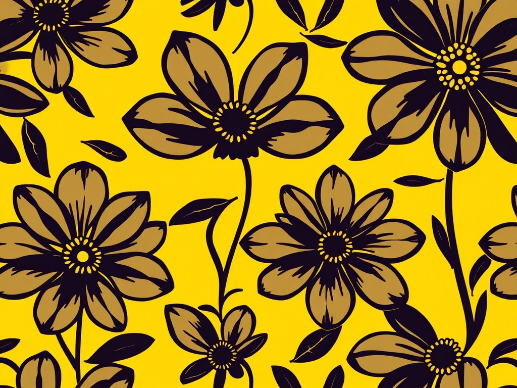 Create a seamless floral pattern with dark outlines and a vibrant yellow background featuring large stylized flowers, using a macro lens with an aperture of f/2.8, ISO 100, and a focal length of 50mm, in a digital format for high clarity and detail.