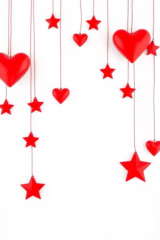 Create a minimalistic design featuring red hearts and stars hanging from strings against a white background, photographed with a DSLR camera at f/2.8 aperture, ISO 100, 50mm lens, 1/200s shutter speed, in a top-down view with natural lighting for enhanced contrast and depth.