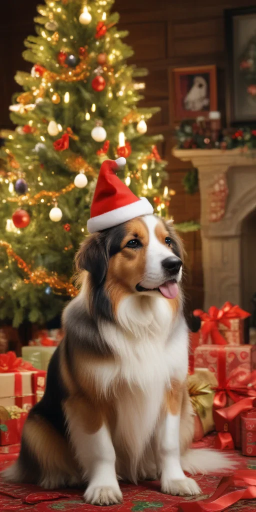 Festive Dog in Santa Hat Surrounded by Christmas Tree and Presents