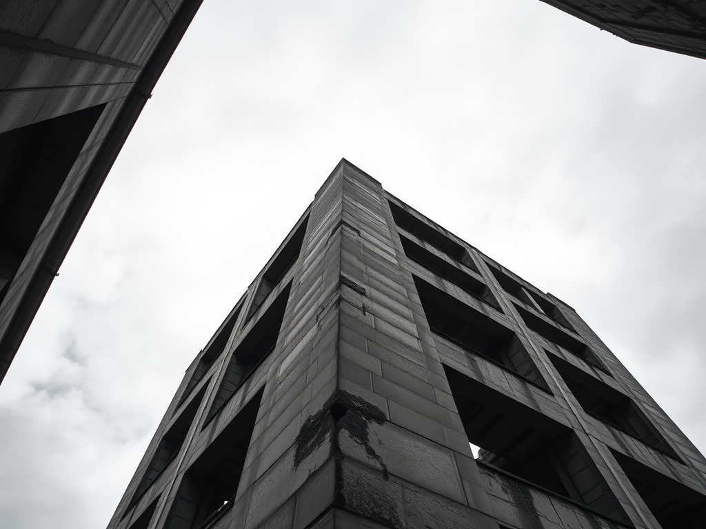 low-angle view of an abandoned concrete building with sharp angular lines, overcast sky, monochrome, focal length 24mm, aperture f/8, ISO 100, DSLR camera, wide-angle lens, HDR photography