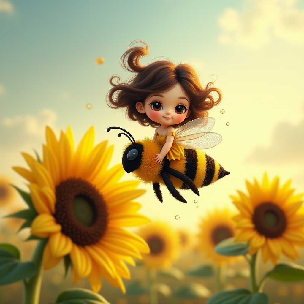 a whimsical cute girl with big eyes, big hair and flowing dress, riding astride a bumble bee, and flying across the top of the sunflower, which are just waking up, and catching dew drop of rain