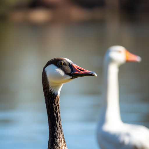 Capture a close-up shot of a goose standing near water with a blurred background, using a DSLR camera, aperture f/2.8, ISO 200, 50mm lens, natural lighting for enhanced color and detail.
