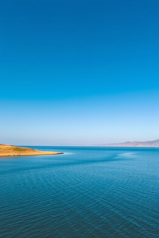 Generate a high-quality image of a serene landscape with a clear blue sky and a tranquil lake, captured with a Canon EOS R5, 50mm lens, aperture f/1.8, ISO 100, shutter speed 1/200s, in landscape orientation for a vibrant and detailed scene.