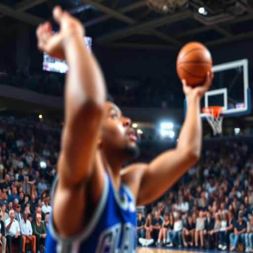 Blurry action shot of a basketball player shooting a three-pointer, intense focus on their face, the ball mid-air, the crowd in the background on their feet, stadium lights casting long shadows on the court, the sound of sneakers squeaking and the ball bouncing filling the air.