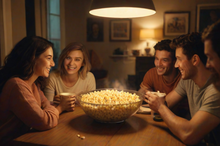 Warmly lit image of a group of friends gathered around a table for a game night, soft glow from a nearby lamp casting warm shadows, the smell of popcorn and excitement filling the room.