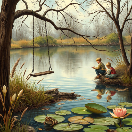 Imagine a small group of old fashioned young boys out fishing by the creek, a swing hanging from a tree branch, reeds and grasses by the water's edge, a frog sitting on a lily pad, dragonflies hovering over som water plans, a very iconic old fashioned scene reminiscent of a Norman Rockwell painting style