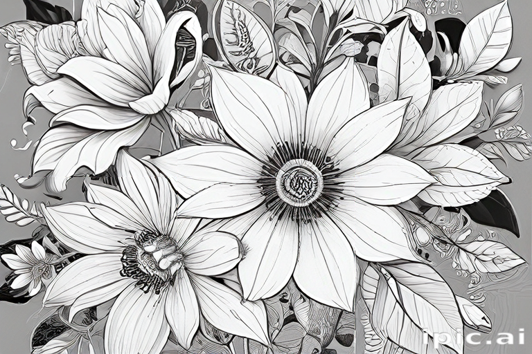 Intricate Black and White Floral Design Featuring Various Beautiful Blooms