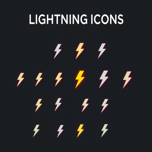Create an image of various lightning bolt icons in a dark background with the text "LIGHTNING ICONS" at the top, shot with a Canon EOS R5, 50mm lens, f/1.8 aperture, ISO 100, 1/250 sec, high-contrast and vivid colors for enhanced clarity.