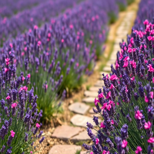 lavender field with vibrant pink flowers and stone pathway, natural lighting, f/8 aperture, 1/200 sec shutter speed, 50mm lens, DSLR camera, shallow depth of field, slight aerial view