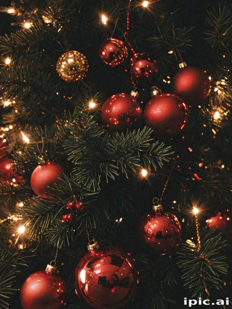 Festive Christmas Tree Adorned with Shiny Red Ornaments and Twinkling ...