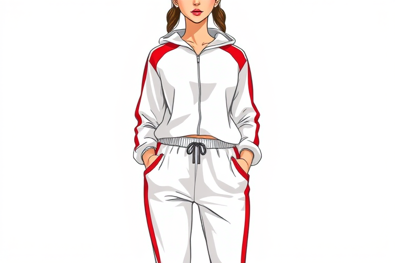 Create an illustration of a fashionable young woman standing confidently with her hands in the pockets of her white and red athletic outfit, using a high-resolution digital art style, camera settings of f/2.8 aperture, ISO 100, 35mm lens, portrait view, with soft lighting for a smooth finish.