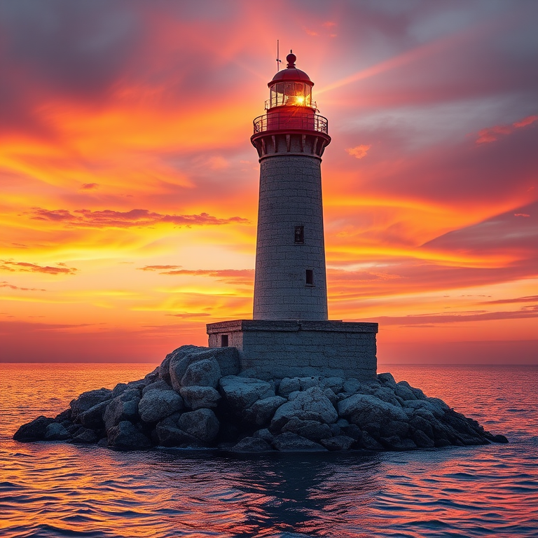 Generate an image of a tall lighthouse perched on a rocky outcrop surrounded by calm ocean waters during a breathtaking sunset. The lighthouse stands sturdy and weathered, its stone surface illuminated by the warm golden light of the setting sun. The sun's rays pass directly through the glass lantern room at the top of the lighthouse, casting a brilliant light across the scene. The sky is painted with vibrant shades of orange, pink, and purple, reflecting off the tranquil sea. The surrounding water shimmers with the same warm hues, creating a serene and majestic atmosphere.