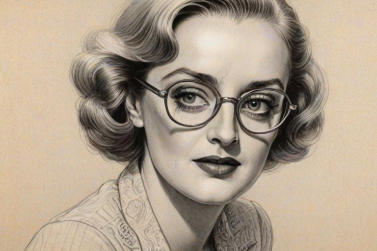 Enticing Bette Davis, pencil sketch, portrait of Graceful woman 1972s in glasses, hair style beatnik, outline, clear lines, fine lines, 8k