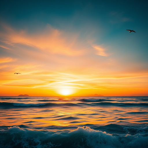 create a vibrant sunset seascape with silhouettes of distant islands, birds flying, and dynamic ocean waves in shades of blue and yellow, captured with a full-frame camera, f/8 aperture, 1/200 sec shutter speed, ISO 100, wide angle lens, high dynamic range style for enhanced color depth and detail