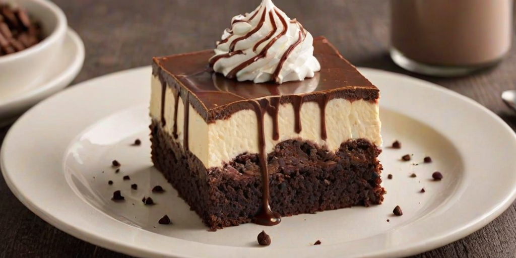 Create an image of a slice of layered dessert featuring a rich chocolate brownie base topped with a creamy vanilla mousse. The dessert should be garnished with a swirl of whipped cream and drizzled with chocolate sauce, with a light dusting of cocoa powder on the plate.