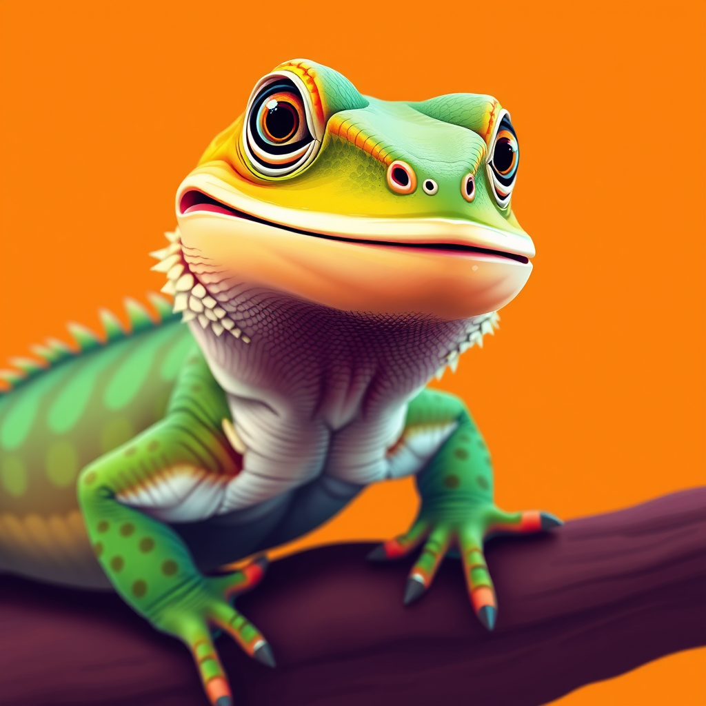 Create a vibrant and colorful illustration of a friendly lizard with exaggerated features, set against a simple orange background, using a DSLR camera with a high aperture setting of f/2.8, a focal length of 50mm, and a shallow depth of field to enhance clarity and detail in the subject.
