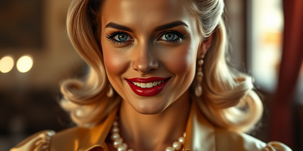 A beautiful Inca woman reminiscent of 1950s Hollywood glamour, with perfectly styled blonde hair and a seductive smile, dressed in a satin blouse and adorned with pearls, soft and warm tones, photorealistic, 8K