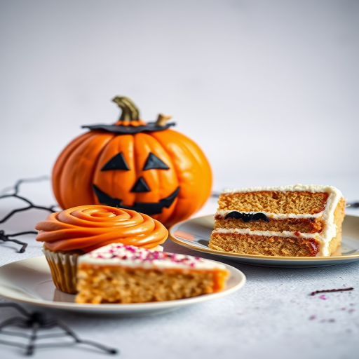 Create a vibrant, high-resolution image of Halloween-themed sweets featuring a decorated pumpkin, a swirl cupcake, and a slice of cake on a plate, captured with a DSLR camera at f/2.8 aperture, ISO 100, 35mm focal length, in a bright, well-lit studio setting with a soft focus background.