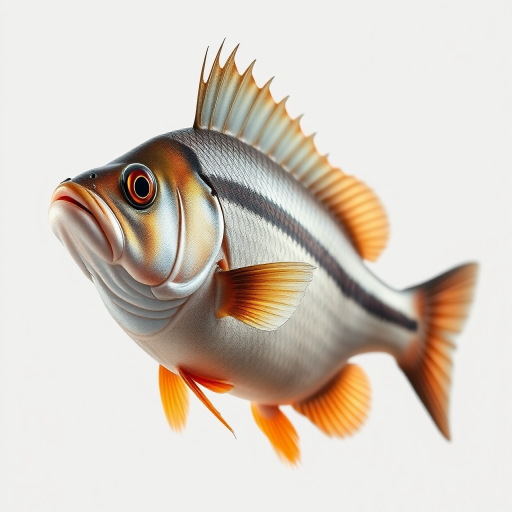 Create a highly detailed illustration of a fish with pronounced fins and stripes, captured with a Canon EOS R5 at 50mm f/1.8, ISO 100, shutter speed 1/200s, in a macro photography style featuring soft natural lighting against a plain background for enhanced clarity and contrast.