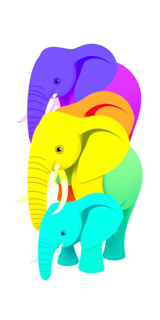 Create a vibrant illustration of three stylized elephants in a gradient of colors from blue to purple to yellow on a white background, with soft shadows for depth, captured using a digital art setup with a high-resolution canvas size of 4000x2000 pixels, ensuring smooth lines and rich color saturation.