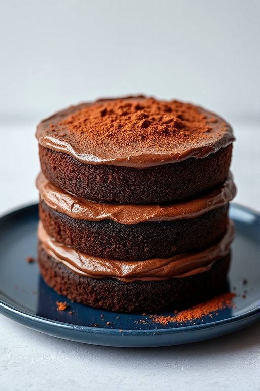 A three layer chocolate cake with rich chocolate frosting topped with cocoa powder on a dark blue plate set against a light background.