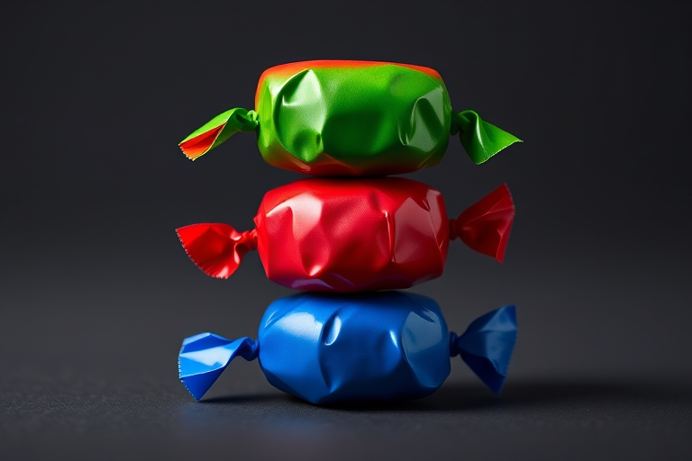 Create a high-resolution image of three shiny wrapped candies stacked vertically, with the top candy red, the middle candy green, and the bottom candy blue, using a macro lens at f/2.8 aperture, 1/200 sec shutter speed, and ISO 100, in a studio setting with soft lighting to enhance glossiness and detail.