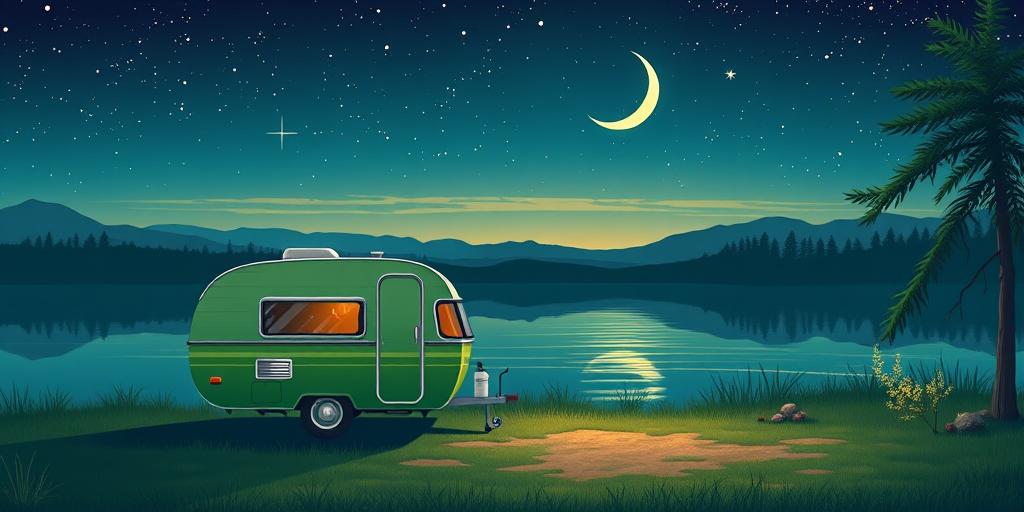 Create a digital illustration of a green vintage caravan by a serene lake under a starry night sky, with a crescent moon reflecting in the water, surrounded by stylized trees, in a vibrant color palette, using a Canon EOS R5 at f/8, ISO 100, 24mm lens, soft focus to enhance detail and depth.