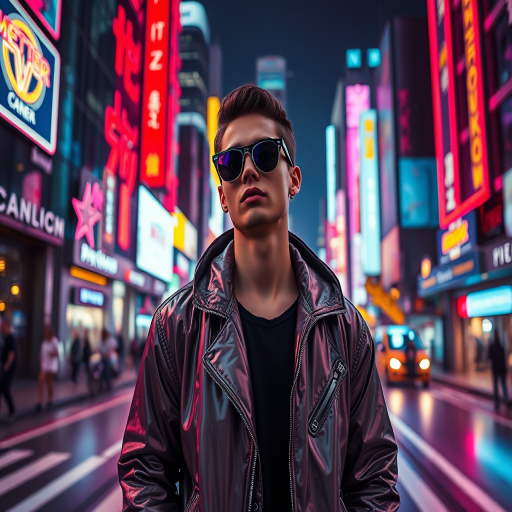 A futuristic cityscape at night featuring a person in a shiny metallic jacket and stylish sunglasses, vibrant neon lights illuminating the surroundings, shot with a Canon EOS R5 at 50mm, f/1.8, ISO 200, with a cinematic perspective and high dynamic range.