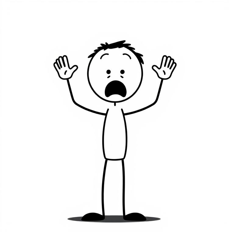 draw a simple stick figure raising both hands with a surprised expression, use a high-resolution vector style, set the camera to a 50mm lens, f/2.8 aperture, and ISO 100 for clarity, view from a slight low angle to emphasize the figure's height, in a minimalist black and white design