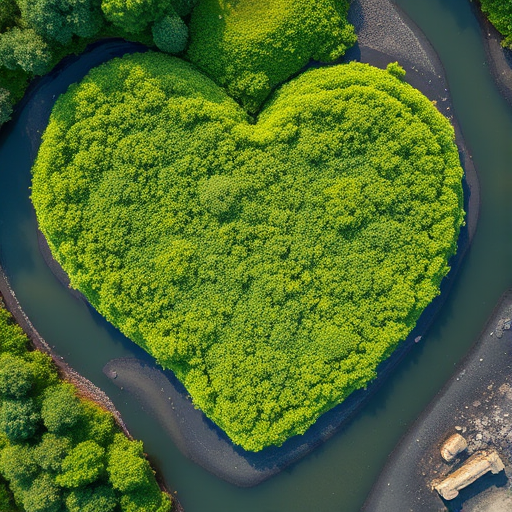 capture aerial view of a heart-shaped patch of lush green vegetation along a winding river in bright daylight, using a DSLR camera with a 24mm lens, aperture f/8, ISO 200, shutter speed 1/250s, high dynamic range imaging for enhanced detail and color vibrancy