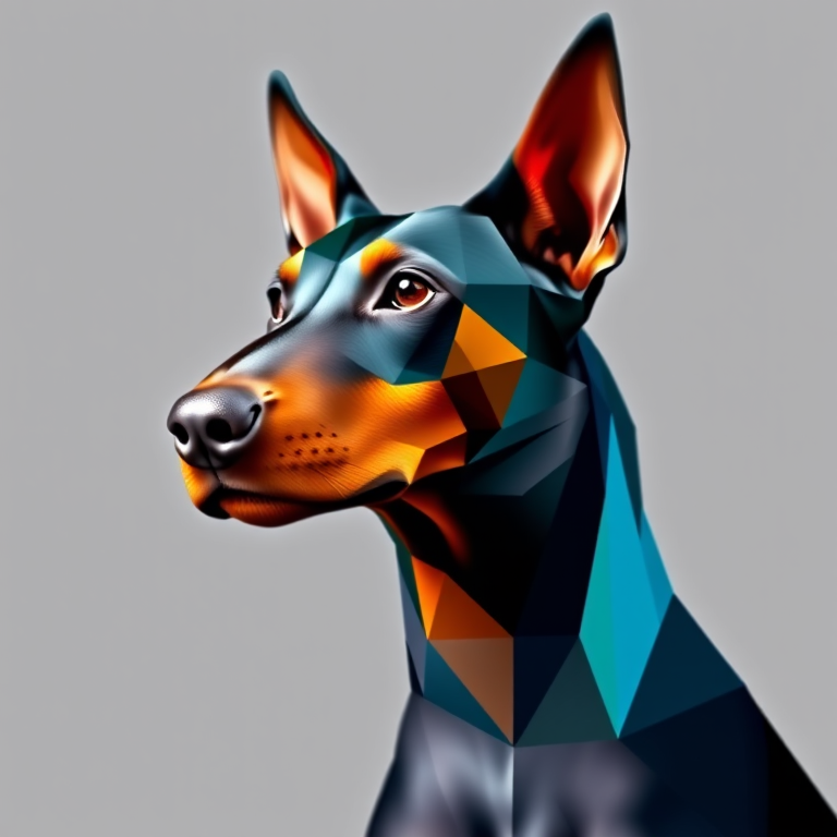 Create a geometric polygon art piece of a Doberman Pinscher's profile with vibrant colors and sharp contrasts, using a Canon EOS R5 camera at f/2.8, ISO 100, and 1/1000s shutter speed, captured in a high-resolution studio setting with a neutral background.