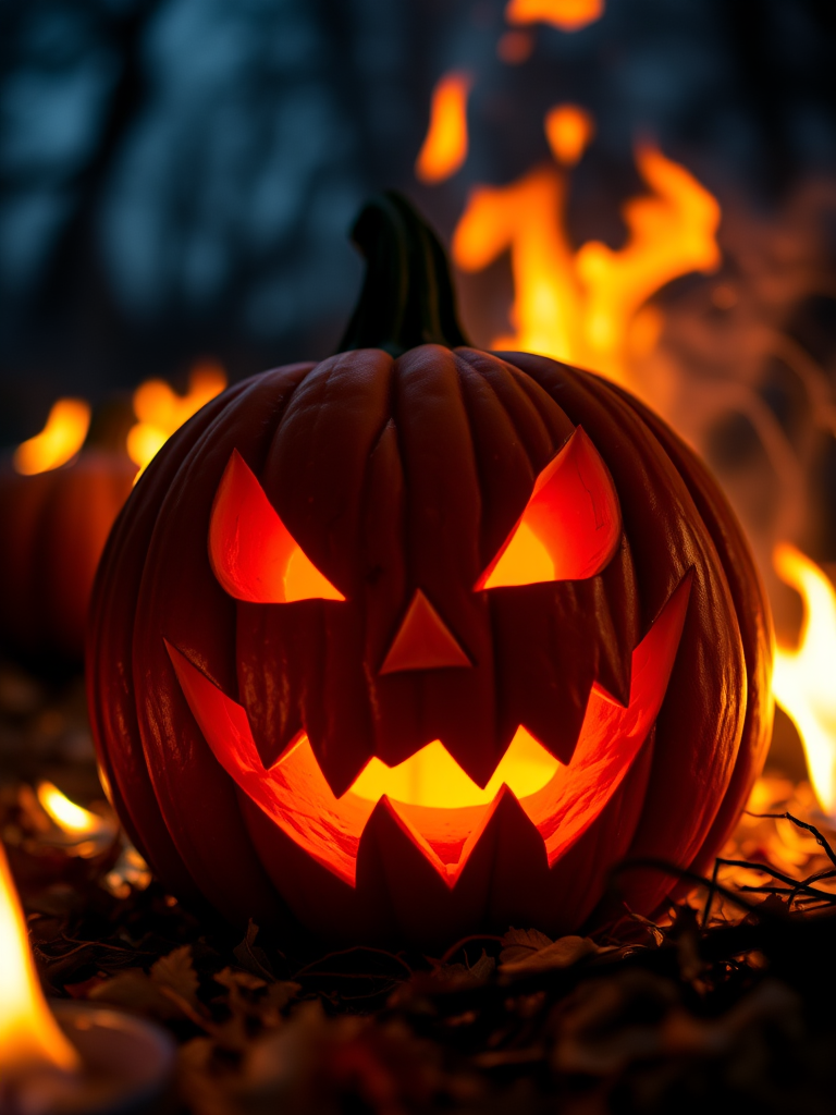 Create an image of a spooky Halloween scene featuring a carved pumpkin with a menacing smile surrounded by flickering flames, shot with a DSLR camera at f/2.8 aperture, ISO 100, 1/60 sec shutter speed, using a wide-angle lens from a low angle view for dramatic effect.