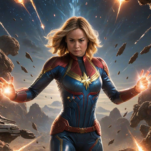 Powerful image of Brie Larson, Captain Marvel's cosmic hero, with her determined expression and glowing fists, soaring through a star-filled galaxy, leaving a trail of energy in her wake as she battles alien spaceships