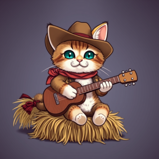 A chibi cat, dressed as a cowboy, playing guitar, sitting on a hay bale