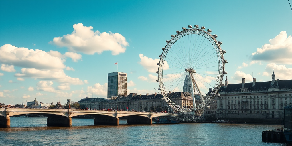 capture a high-resolution image of the London Eye alongside the River Thames on a clear day with blue skies and fluffy clouds using a DSLR camera set to ISO 100, aperture f/8, shutter speed 1/200s, shot from a slightly elevated angle to capture the surrounding architecture and water reflections