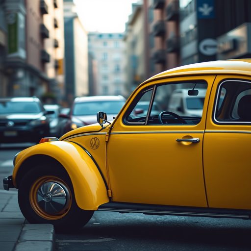 Regenerate the image of a classic yellow Volkswagen Beetle parked on a city street, using a DSLR camera with a 50mm lens aperture set to f/8, ISO 100, and a shutter speed of 1/200s, capturing a side profile view with soft natural lighting.