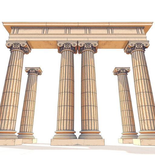 Create a high-resolution illustration of two classical Greek columns, utilizing a DSLR camera with a 50mm lens, f/8 aperture, ISO 100, and a soft natural light setting, in a front-facing symmetrical view to enhance detail and clarity.