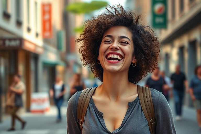 high-resolution portrait of a woman with curly hair laughing joyfully while walking through a bustling city street, natural light, 50mm lens, f/1.8, ISO 100, wide aperture for soft background blur, captured with a DSLR camera