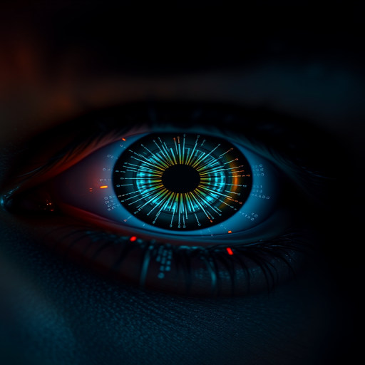 Regenerate an image of a close-up human eye with intricate digital patterns and binary code overlay, using a Canon EOS 5D Mark IV with a 50mm f/1.4 lens, aperture set to f/2.8, ISO 100, and a shutter speed of 1/125s, in a dark studio environment, focused on sharp details and vibrant colors.