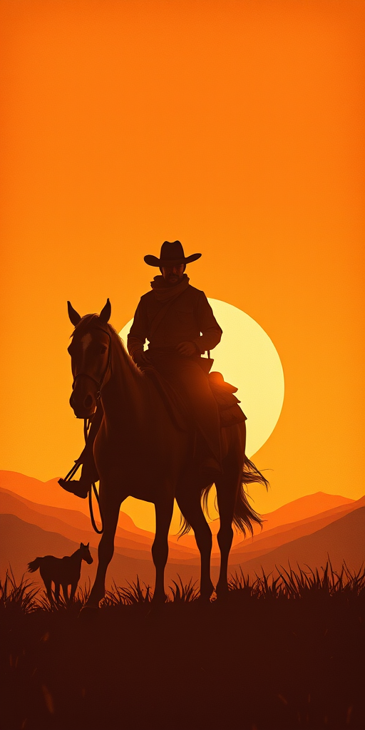 Create a vintage cowboy illustration of a lone cowboy riding a horse against a sunset background with mountains, using a DSLR camera at f/2.8 aperture, 50mm lens, ISO 100, and a warm color filter for enhanced image quality.