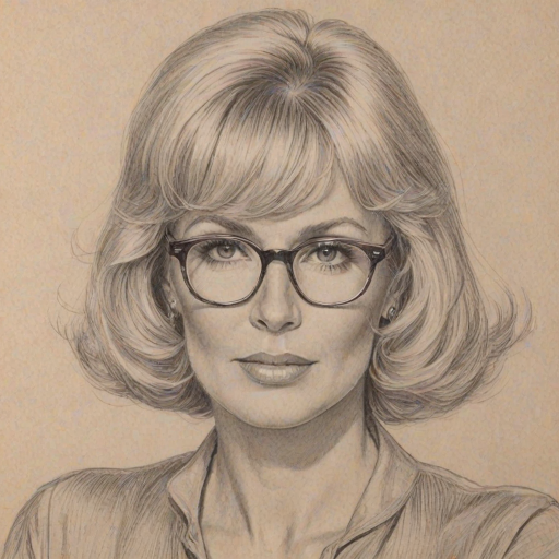 Alluring Linda Evans, pencil sketch, portrait of Splendid woman 1934s in glasses, hair style beatnik, outline, clear lines, fine lines, 8k