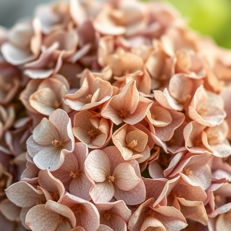 Create a close-up photograph of dried hydrangea flowers with a shallow depth of field, using a DSLR camera with an aperture of f/2.8, ISO 100, and a 50mm lens, natural light for soft highlights and shadows.