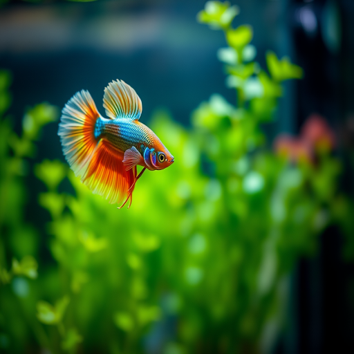 Create a high-resolution image of a betta fish swimming gracefully in a planted aquarium with a soft focus background, using a 50mm lens at f/2.8, 1/200s shutter speed, ISO 200, in natural lighting.