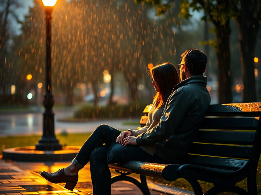 Warmly lit photo of a couple sitting on a park bench in the rain, soft glow from a nearby streetlamp casting a golden hue on the scene, raindrops gently falling around them, their hands intertwined, the distant sound of rain tapping on the leaves and pavement filling the air.