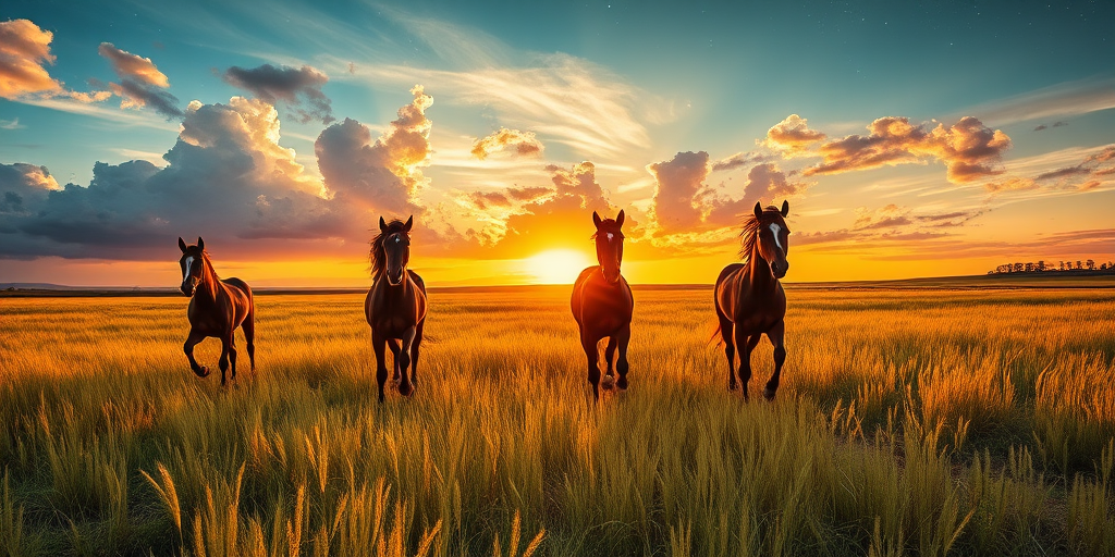 Create a vibrant landscape of four majestic horses running through a golden grassland at sunset, with dramatic clouds and a starry sky in the background, using a DSLR camera at f/8, ISO 100, focal length 35mm, with a wide-angle view to enhance depth and detail.