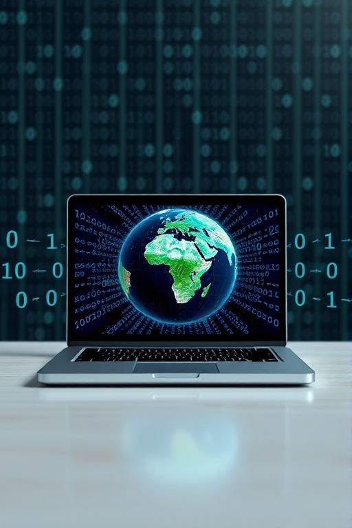 Create a high-resolution digital illustration of a laptop displaying a globe surrounded by binary code, with a clear focus on the globe and the code flowing outwards, using a Canon EOS R5 camera with a 50mm lens at f/1.8 aperture, ISO 100, and a soft-focus background for depth.